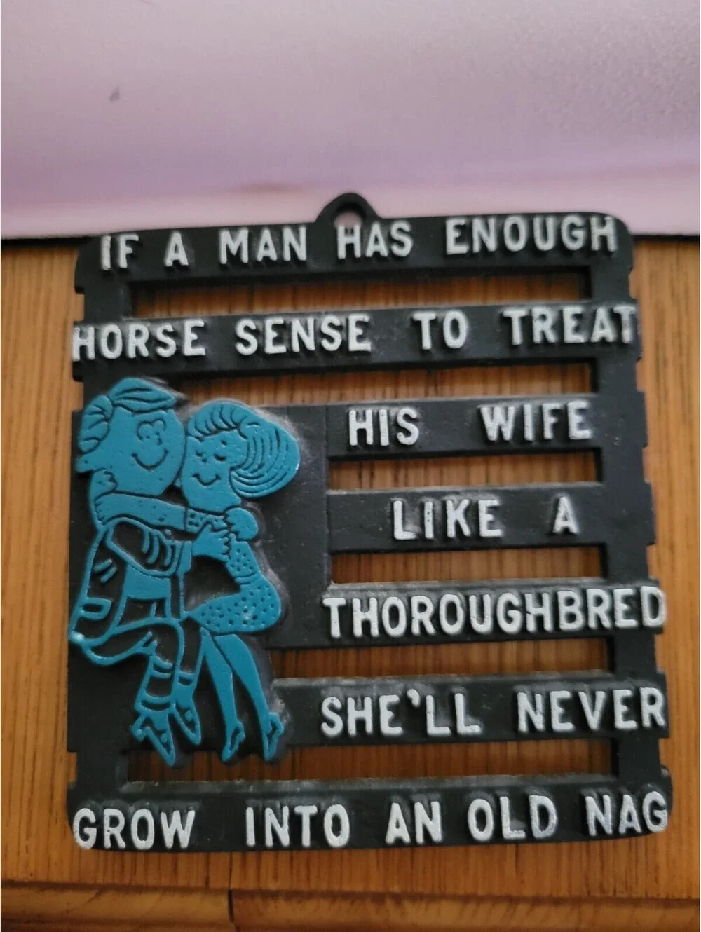 Vtg lot of 2 MCM Black Metal Kitchen Trivets Marriage Quotes Humor